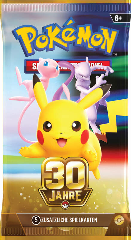 Pokémon 30 Jahre 2er-Pack-Blister mit holografischer Evoli-Promokarte, zwei Boosterpacks der Jubiläumserweiterung und einer Pokémon-Münze in deutscher Sprache