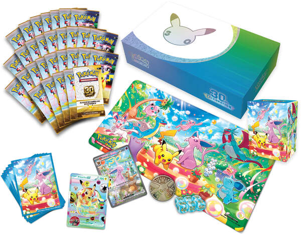 Pokémon Karmesin & Purpur 30 Jahre Ultra-Premium-Kollektion Tag in deutscher Sprache mit Pikachu-ex, Psiana-ex, 30 Boosterpacks, Spielunterlage, Kartenhüllen und exklusivem Booster der Klassischen Sammlung