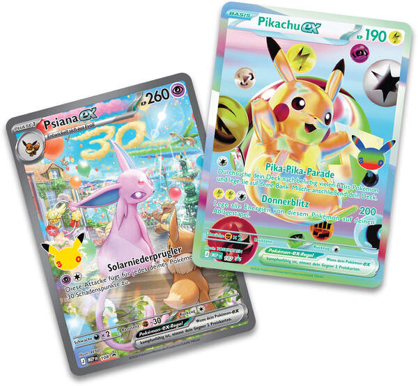 Pokémon Karmesin & Purpur 30 Jahre Ultra-Premium-Kollektion Tag in deutscher Sprache mit Pikachu-ex, Psiana-ex, 30 Boosterpacks, Spielunterlage, Kartenhüllen und exklusivem Booster der Klassischen Sammlung
