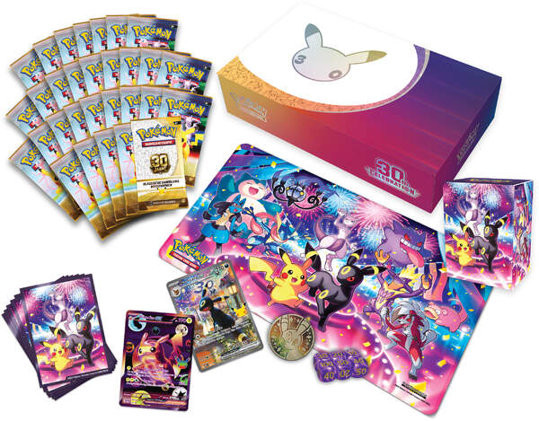 Pokémon Karmesin & Purpur 30 Jahre Ultra-Premium-Kollektion Nacht in deutscher Sprache mit Pikachu-ex, Nachtara-ex, 30 Boosterpacks, Spielunterlage, Kartenhüllen und exklusivem Booster der Klassischen Sammlung