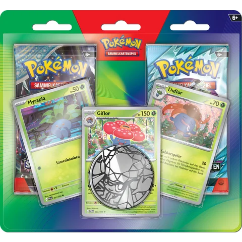 Pokémon Enhanced 2-Pack Blister 2026 auf Deutsch mit zwei Boosterpacks, holografischen Promokarten von Myrapla, Duflor und Giflor sowie Pokémon-Münze