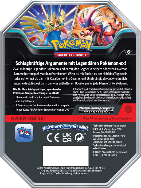 Pokémon Tin 121 mit Koraidon-Promokarte und vier Boosterpacks, verpackt in einer hochwertigen Metalldose mit kraftvollem Koraidon-Artwork.