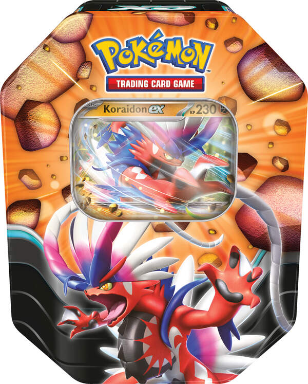 Pokémon Tin 121 mit Koraidon-Promokarte und vier Boosterpacks, verpackt in einer hochwertigen Metalldose mit kraftvollem Koraidon-Artwork.