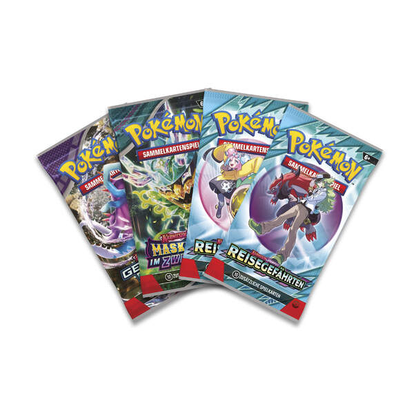 Pokémon Tin 122 mit Zacian-Promokarte und mehreren Boostern, verpackt in einer hochwertigen Metalldose mit dynamischem Zacian-Artwork. 4 Booster, 2x Reisegefährten, Maskerade im Zwielicht und Gewalten der Zeit.