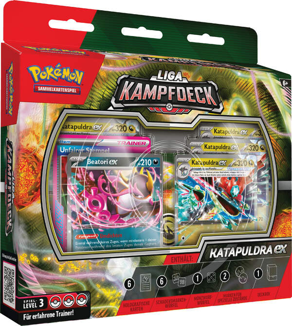 Pokémon Liga-Kampfdeck Katapuldra-ex mit 60-Karten-Deck, Würfeln, Deckbox, Statusmarken und Online-Code – vollständig spielbereit und turnierfähig.