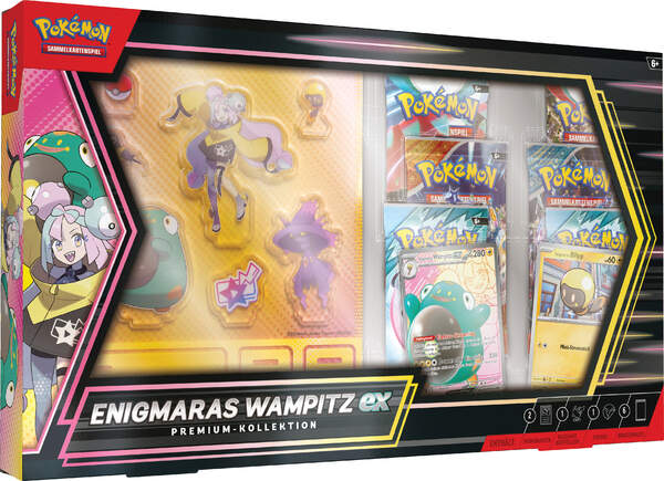 Pokémon Premium-Kollektion Enigmaras Wampitz-ex mit Promokarten, Sticker, Aufstellern und sechs Boosterpacks – inspiriert von Arenaleiterin Enigmara aus Fermanca City.