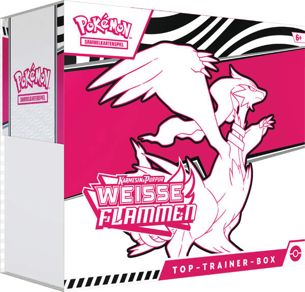 Produktbild der Pokémon Top-Trainer-Box Weiß – Weiße Flammen (KP10.5) mit Boreos-Promokarte, Boosterpacks, Kartenhüllen und Turnierzubehör im eleganten weißen Design.