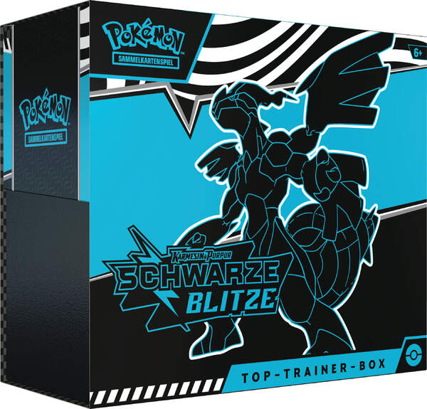 Pokémon Top-Trainer-Box Schwarz – Schwarze Blitze (KP10.5) mit schwarzem Design, Voltolos-Promokarte, Boosterpacks, Kartenhüllen, Energiekarten und Spielzubehör.