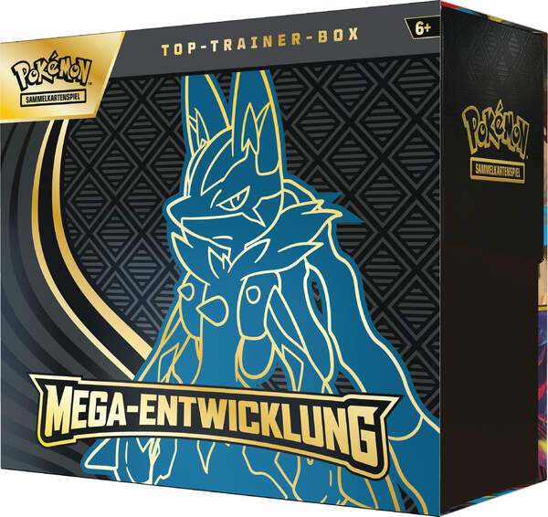 Pokémon TCG ME01 Top-Trainer-Box A – Mega-Entwicklung DE mit 9 Boostern, Promo-Riolu & Zubehör