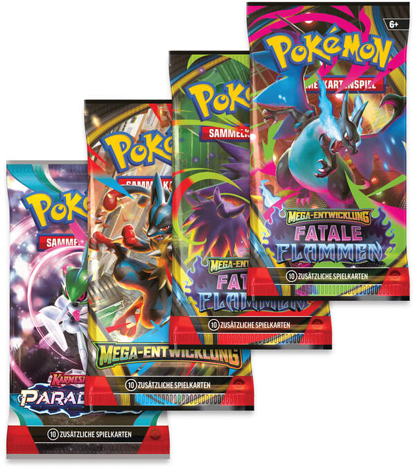 Pokémon Tin 126 Mega-Glurak X-ex – Promo-Tin mit exklusiver Karte und vier Boosterpacks. Boosterinhalt