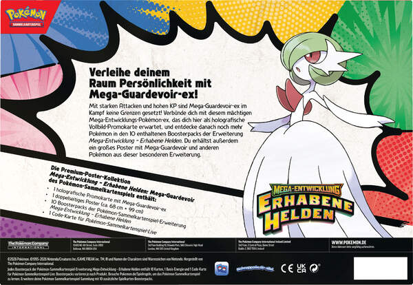 Pokémon ME02.5 Premium-Poster-Kollektion Mega-Guardevoir-ex – Box mit Promo, großem Poster und 10 Erhabene-Helden Boostern. Backshot
