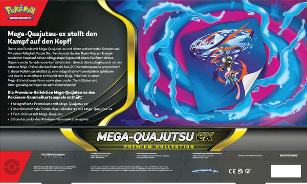 Pokémon Mega-Quajutsu-ex Premium-Kollektion mit exklusiven Promokarten, mehreren Boosterpacks und hochwertigen Sammlerinhalten der Mega-Entwicklungs-Serie