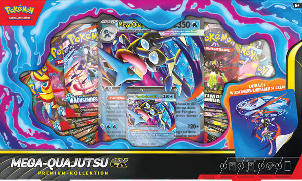 Pokémon Mega-Quajutsu-ex Premium-Kollektion mit exklusiven Promokarten, mehreren Boosterpacks und hochwertigen Sammlerinhalten der Mega-Entwicklungs-Serie