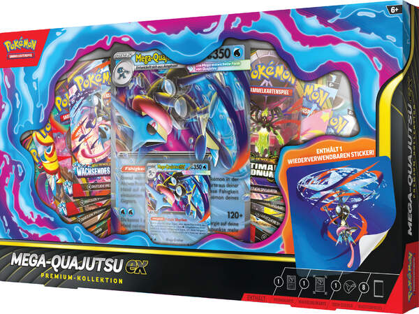 Pokémon Mega-Quajutsu-ex Premium-Kollektion mit exklusiven Promokarten, mehreren Boosterpacks und hochwertigen Sammlerinhalten der Mega-Entwicklungs-Serie