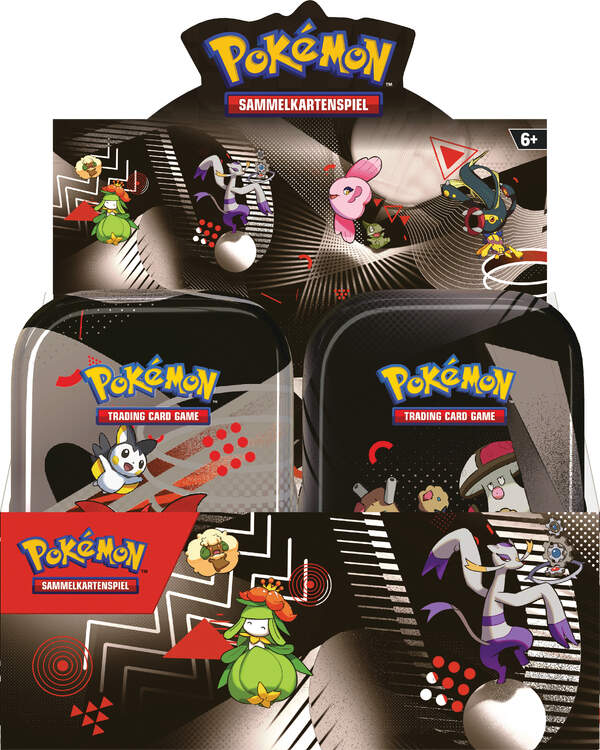 Pokémon Mini-Tin Einall KP10.5 mit 2 Boostern (Weiße Flammen & Schwarze Blitze), einer Stickerkarte und einer kombinierbaren Pokémon-Bildkarte, kompakt in Metalldose verpackt.