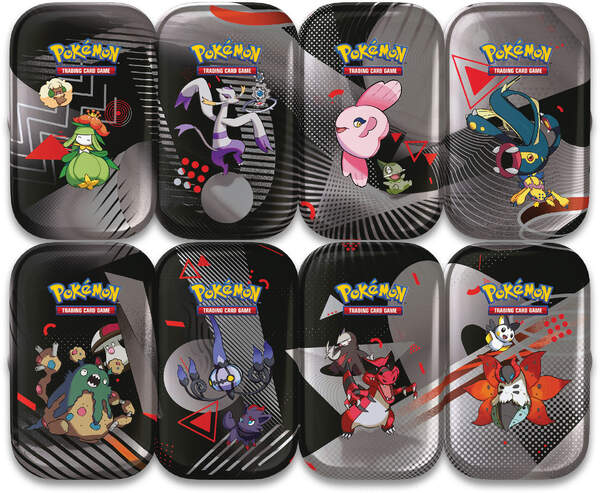 Pokémon Mini-Tin Einall KP10.5 mit 2 Boostern (Weiße Flammen & Schwarze Blitze), einer Stickerkarte und einer kombinierbaren Pokémon-Bildkarte, kompakt in Metalldose verpackt.