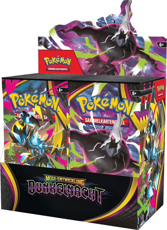 Pokémon ME05 Dunkelnacht Booster Display mit 36 Boosterpacks der Mega-Entwicklungs-Serie, zeigt die versiegelte Displaybox für Sammler und Spieler des Pokémon-Sammelkartenspiels