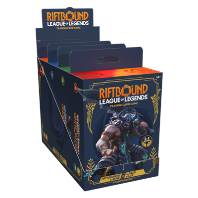 Riftbound League of Legends TCG Legacy Champion Deck Display auf Englisch mit vier Decks für Tryndamere, Ashe, Garen und Lux sowie Legacy Boostern