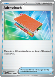 Adressbuch Pokémon Trainerkarte 182/198 aus dem Set Karmesin & Purpur in Near Mint Zustand – Itemkarte zur Rückführung von Unterstützerkarten aus dem Ablagestapel.
