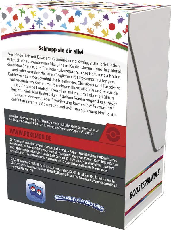 Pokémon 151 Booster Bundle mit 6 Boosterpacks, kompakt verpackt im Design der Karmesin & Purpur 151-Erweiterung mit Motiven klassischer Kanto-Pokémon. Rückseite mit Erklärungen