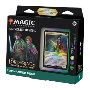 Magic: The Gathering Commander Deck Food and Fellowship aus Herr der Ringe: Geschichten aus Mittelerde, zeigt das spielfertige 100-Karten-Deck mit Frodo, Sam und weiteren Charakteren der Gemeinschaft des Rings