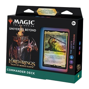 Magic: The Gathering Commander Deck The Hosts of Mordor aus Herr der Ringe: Geschichten aus Mittelerde, zeigt das spielfertige 100-Karten-Deck unter der Führung von Sauron mit Karten rund um Mordor und seine Armeen