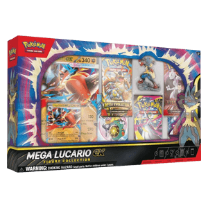 Mega Lucario ex Figure Collection with promo cards, oversized card, figure, and five Pokémon TCG booster packs.