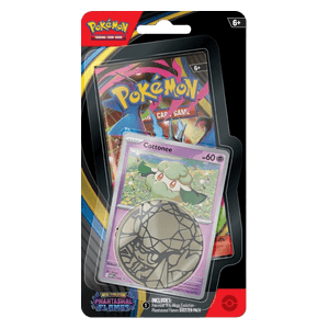 Pokémon Phantasmal Flames Checklane Blister mit Cottonee Promo, Boosterpack und Spielmünze in englischer Version.