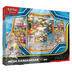 Mega Kangaskhan ex Box with foil promo card, lenticular oversized card, and four Pokémon TCG booster packs.