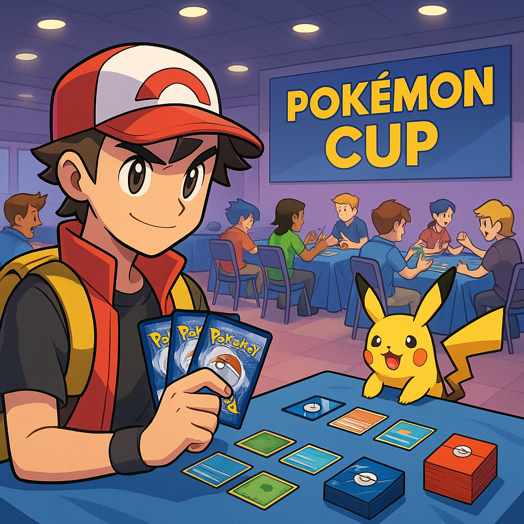 Zwei junge, fokussierte Pokémon-Trainer im epischen Duell während des Card-Knights Pokémon Cups – mit spannender Turnieratmosphäre und Cup-Branding