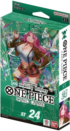 One Piece Starter Deck ST-24 Jewelry Bonney mit 51 Karten, DON!!-Karten, OP-11 Booster und Spielfeldunterlage – im grünen Supernova-Stil gestaltet.