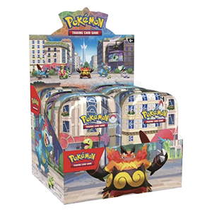 Pokémon Illumina City Mini Tin Display in englischer Sprache mit zehn Mini-Tins, zeigt fünf verschiedene Sammelbox-Designs jeweils zweimal enthalten sowie Pokémon Boosterpacks und Sammelbildkarten