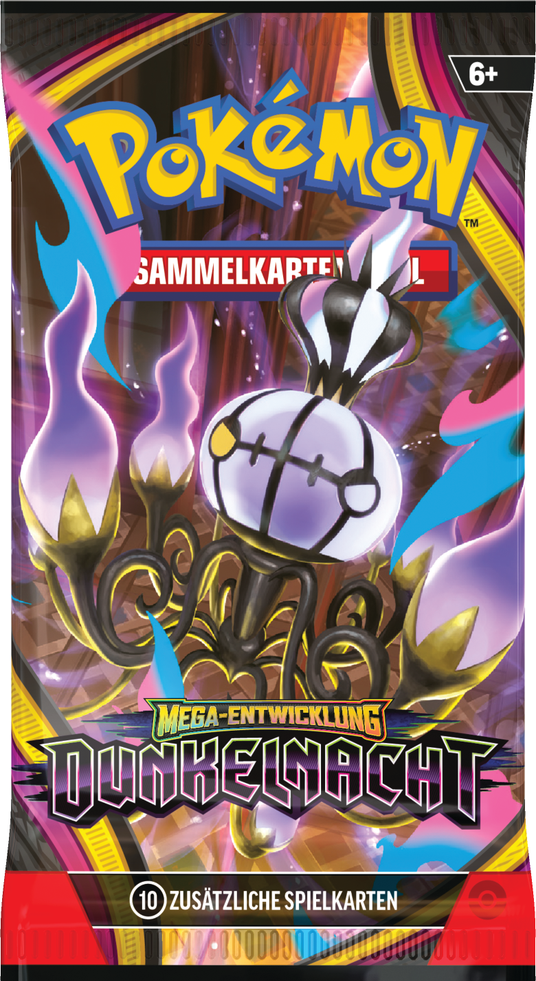 Pokémon ME05 Dunkelnacht Booster Pack der Mega-Entwicklungs-Serie, zeigt die versiegelte Boosterpackung des Pokémon-Sammelkartenspiels mit zufälligen Karten und Code-Karte für Pokémon TCG Live