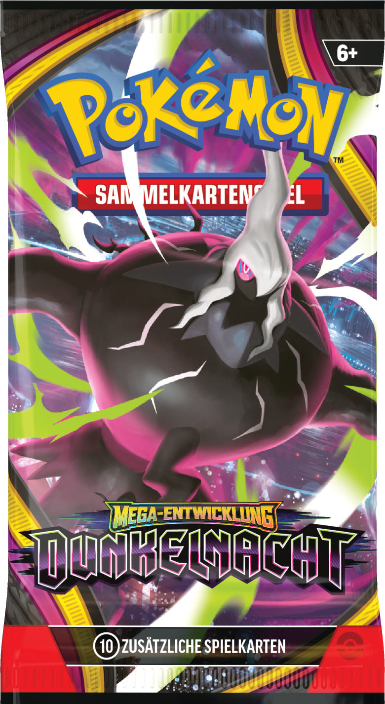 Pokémon ME05 Dunkelnacht Booster Pack der Mega-Entwicklungs-Serie, zeigt die versiegelte Boosterpackung des Pokémon-Sammelkartenspiels mit zufälligen Karten und Code-Karte für Pokémon TCG Live