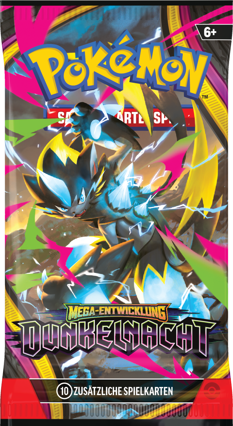 Pokémon ME05 Dunkelnacht Booster Pack der Mega-Entwicklungs-Serie, zeigt die versiegelte Boosterpackung des Pokémon-Sammelkartenspiels mit zufälligen Karten und Code-Karte für Pokémon TCG Live