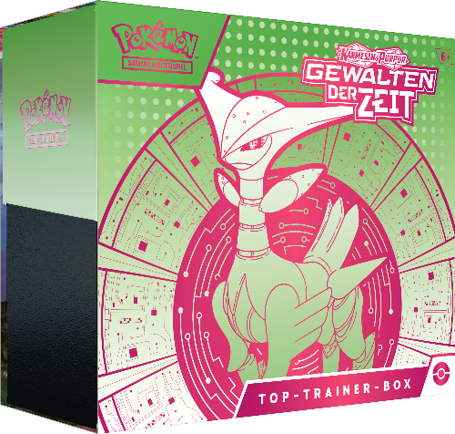 Pokémon Top-Trainer-Box Gewalten der Zeit – Eisenblatt (Deutsch) mit Promokarte, 9 Boostern, Zubehör & Sammelbox