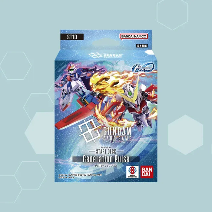 Gundam Card Game Starter Deck ST10 in englischer Sprache, zeigt ein spielbereites Einsteigerdeck für das offizielle Gundam Trading Card Game von Bandai