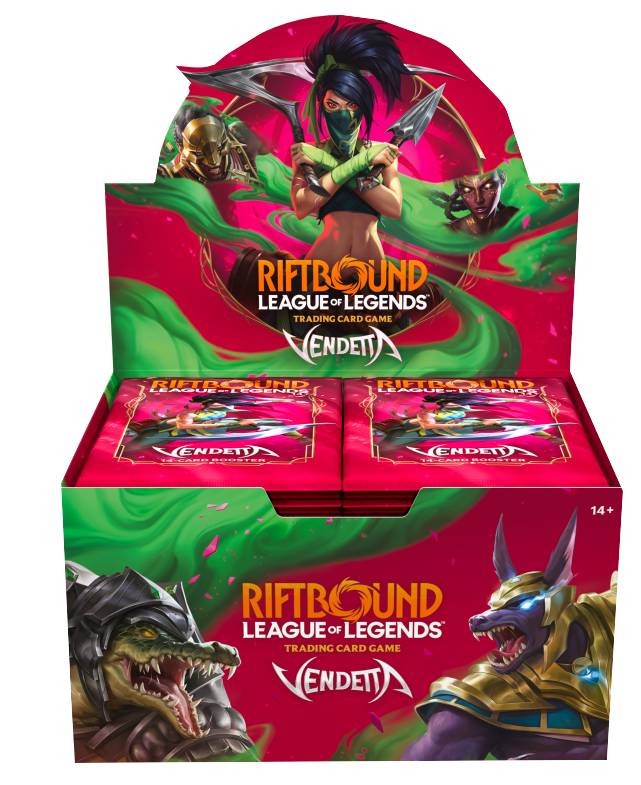 Riftbound League of Legends TCG Vendetta Booster Display in englischer Sprache mit 24 Boosterpacks des vierten Sets und über 160 verschiedenen Karten inklusive Showcase-Karten