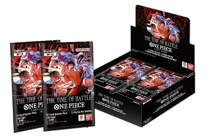 One Piece Card Game OP-16 The Time of Battle Booster Display mit Marineford-Motiv, zeigt Boosterpackungen der Paramount-War-Erweiterung mit Charakteren wie Portgas D. Ace, Whitebeard, den Admirälen und weiteren legendären Kämpfern aus One Piece