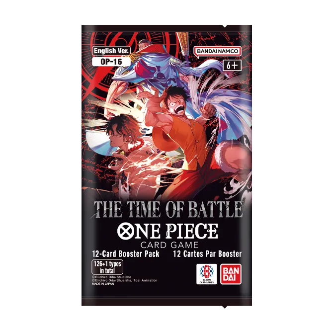 One Piece Card Game OP-16 The Time of Battle Booster Pack mit Marineford-Motiv, zeigt die Verpackung der Erweiterung rund um die Paramount-War-Schlacht mit legendären Charakteren wie Portgas D. Ace, Whitebeard, den Admirälen und weiteren Kämpfern aus One Piece