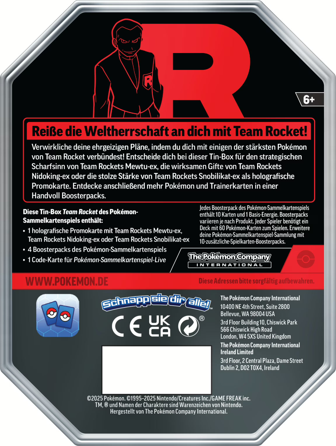 Pokémon Tin mit Team Rockets Mewtu-ex Promokarte und vier Boosterpacks Back
