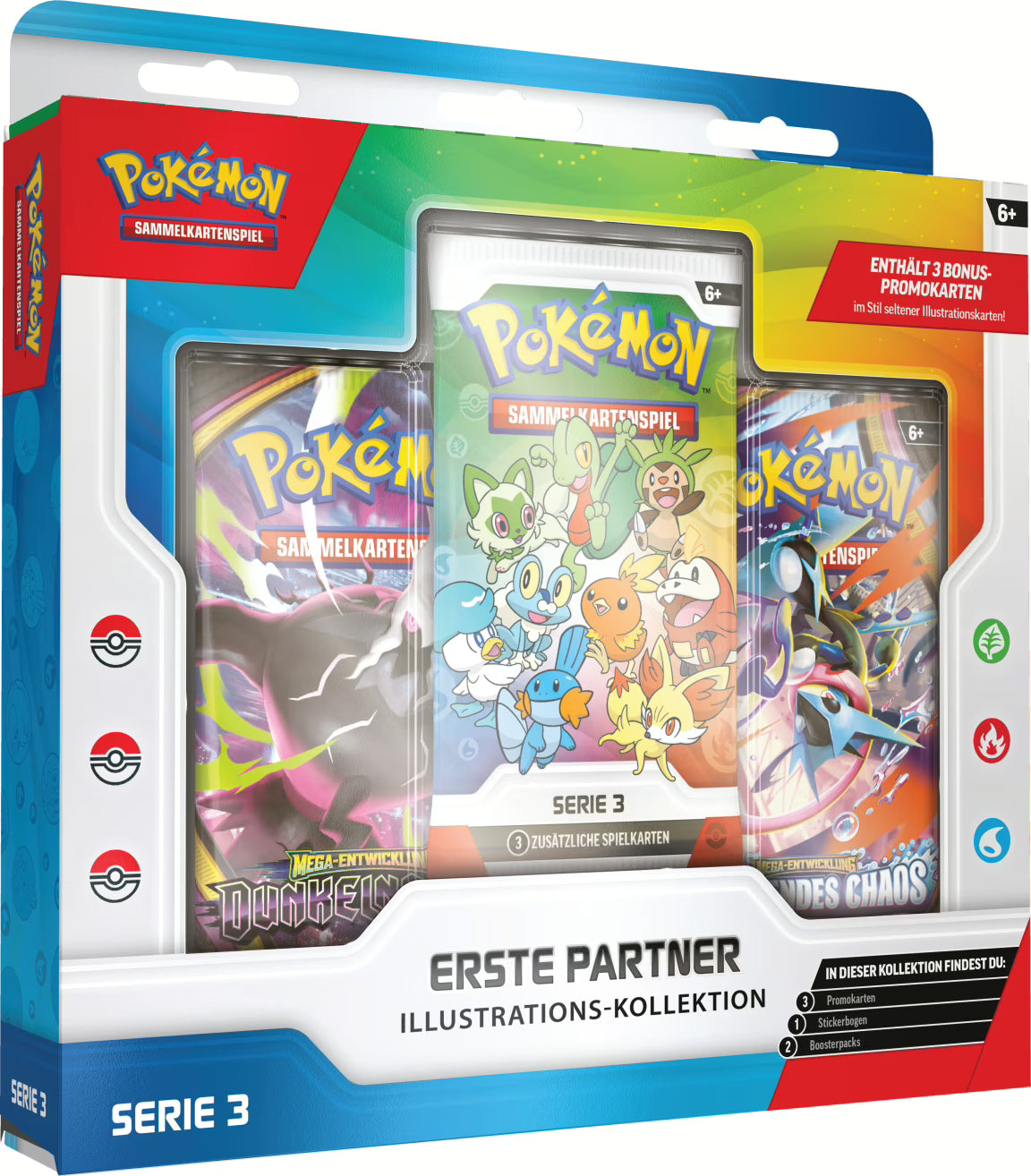 Pokémon Erste-Partner-Kollektion Serie 3 mit Illustrationskarten beliebter Starter-Pokémon aus Hoenn, Kalos und Paldea, zeigt Boosterpacks, exklusive Promokarten und einen Stickerbogen zum Pokémon Jubiläum