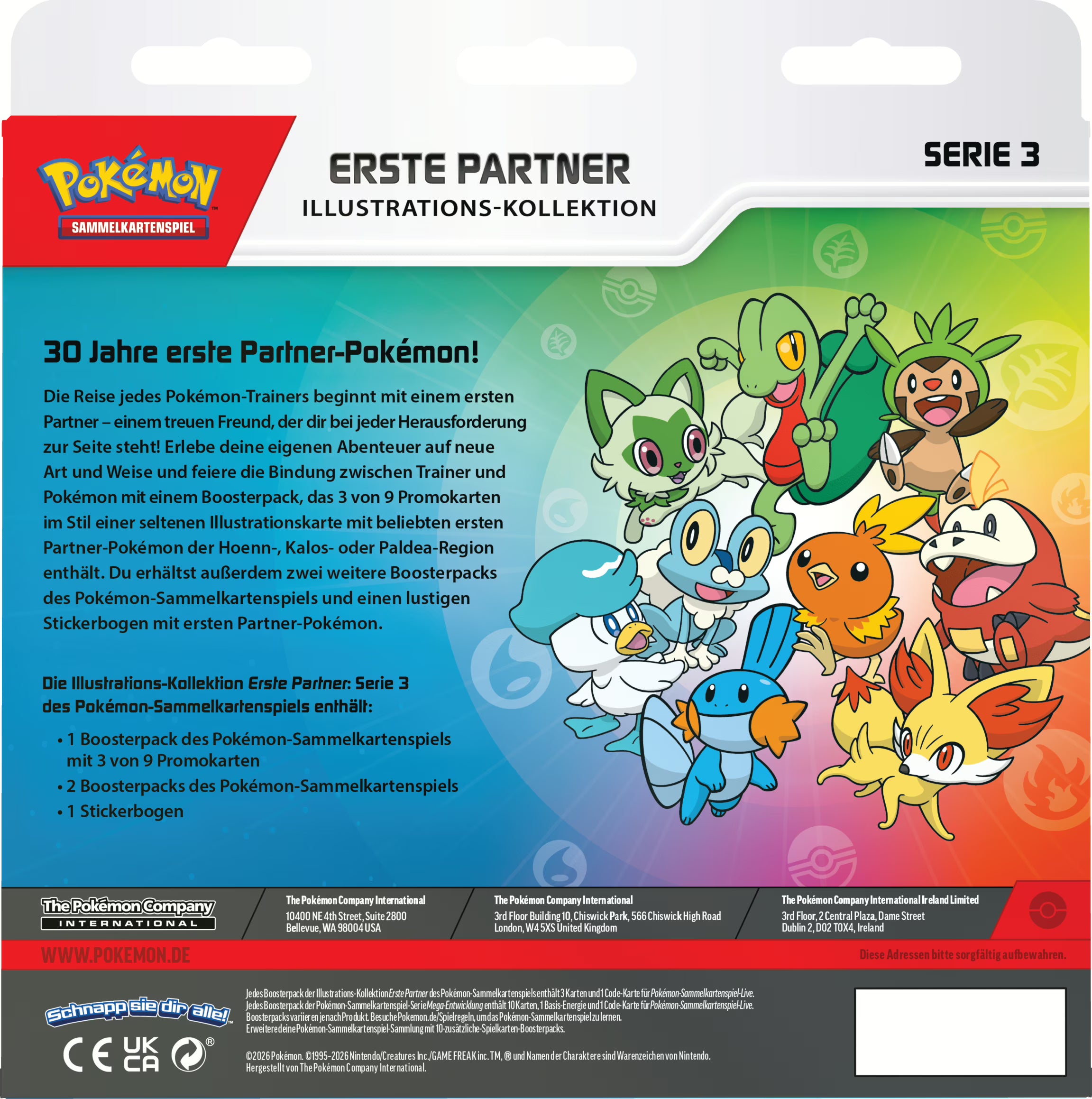 Pokémon Erste-Partner-Kollektion Serie 3 mit Illustrationskarten beliebter Starter-Pokémon aus Hoenn, Kalos und Paldea, zeigt Boosterpacks, exklusive Promokarten und einen Stickerbogen zum Pokémon Jubiläum