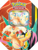 Pokémon Tin 130 Mega-Dragoran-ex mit exklusiver holografischer Promokarte, zeigt die hochwertige Metallbox der Mega-Entwicklungs-Serie mit vier enthaltenen Boosterpacks des Pokémon-Sammelkartenspiels