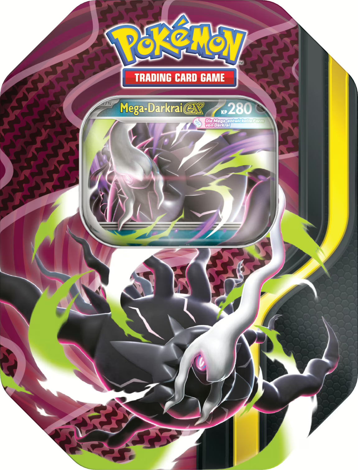 Pokémon Tin 131 Mega-Darkrai-ex mit exklusiver holografischer Promokarte, zeigt die hochwertige Metallbox der Mega-Entwicklungs-Serie mit vier enthaltenen Boosterpacks des Pokémon-Sammelkartenspiels