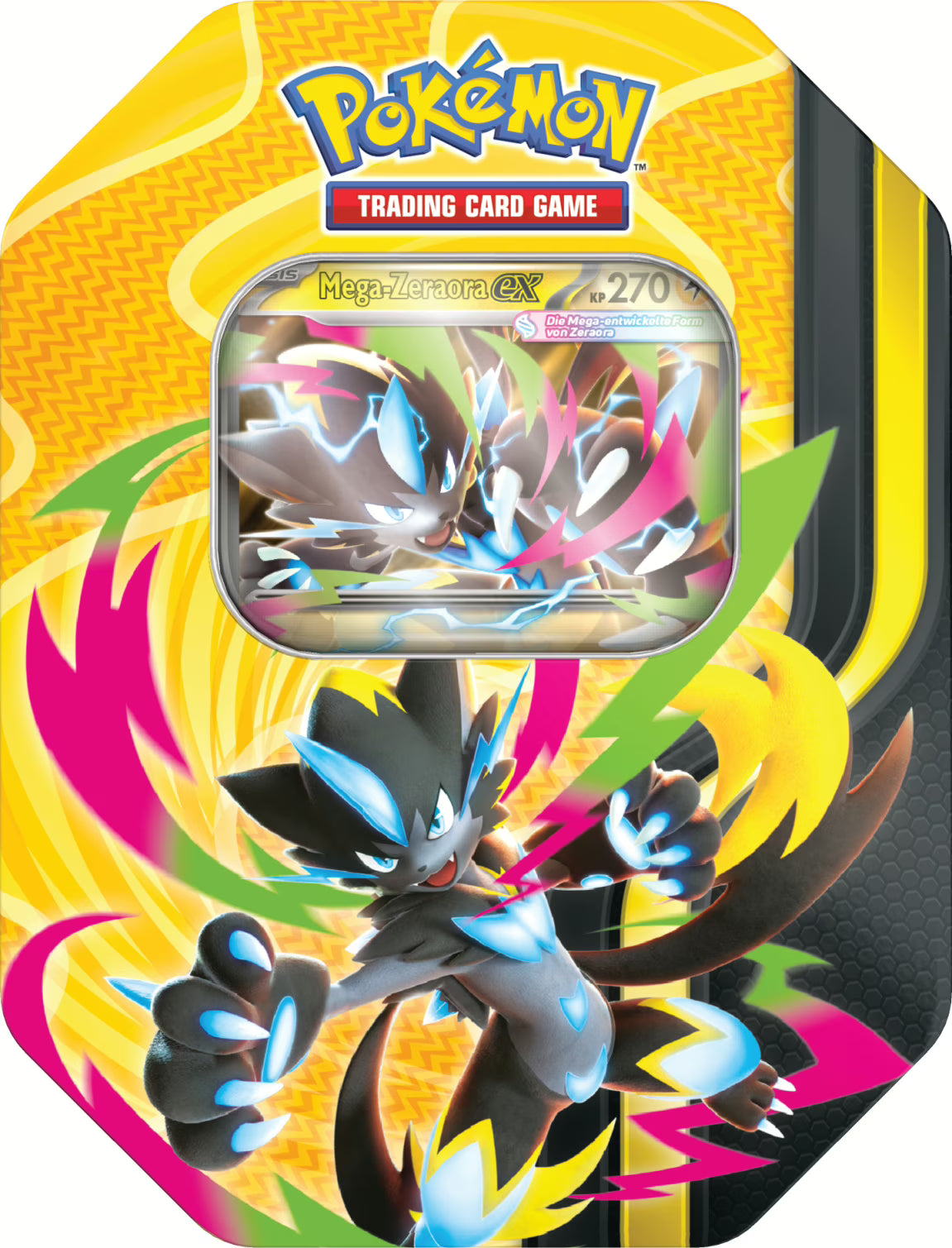Pokémon Tin 132 Mega-Zeraora-ex mit exklusiver holografischer Promokarte, zeigt die Metallbox der Mega-Entwicklungs-Serie mit vier enthaltenen Boosterpacks des Pokémon-Sammelkartenspiels