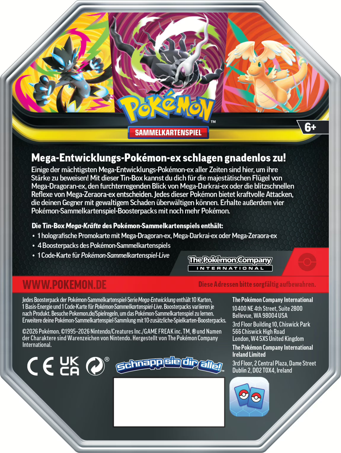 Pokémon Tin 132 Mega-Zeraora-ex mit exklusiver holografischer Promokarte, zeigt die Metallbox der Mega-Entwicklungs-Serie mit vier enthaltenen Boosterpacks des Pokémon-Sammelkartenspiels