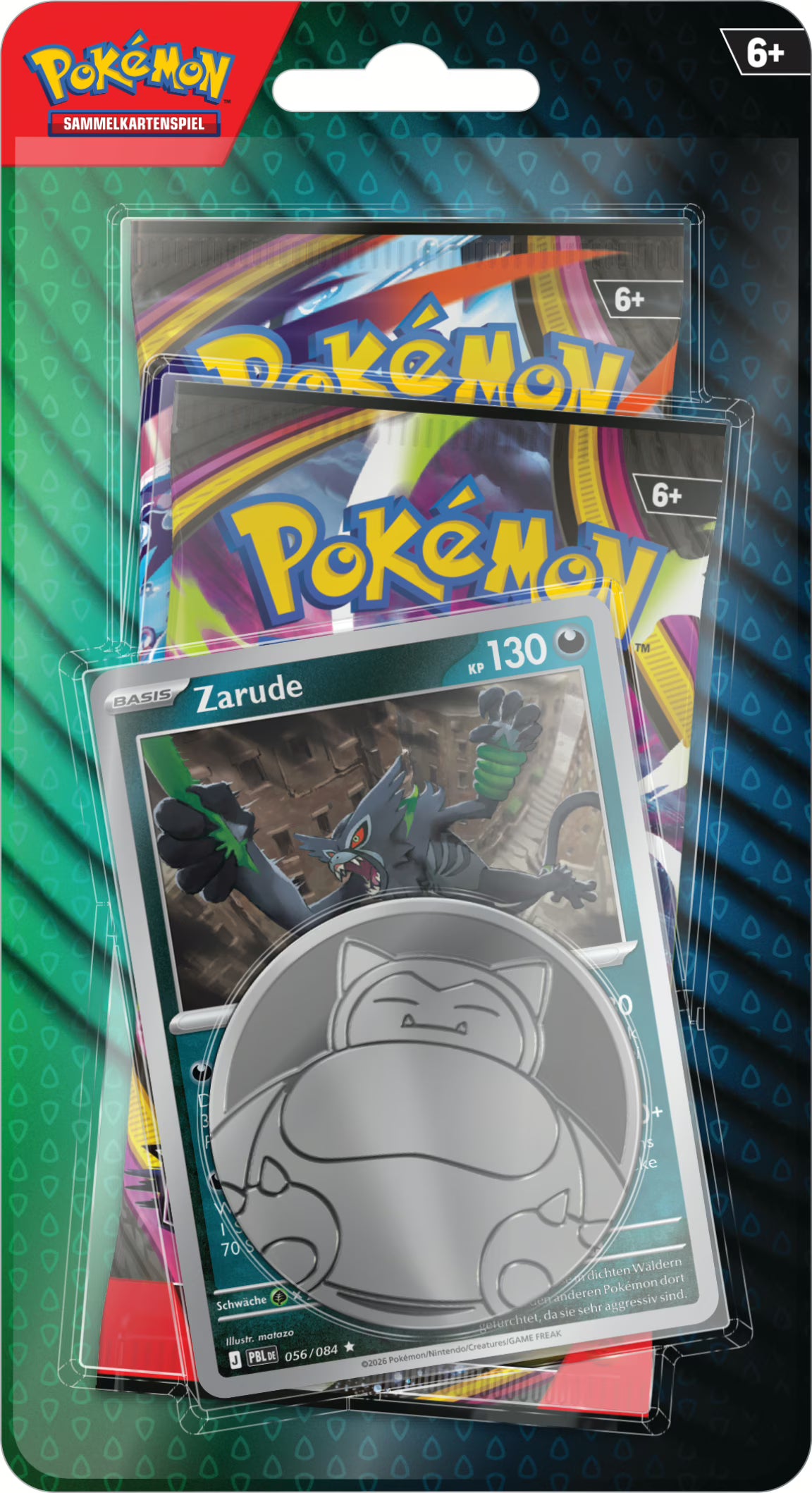 Pokémon 2-Pack Blister August 2026 mit holografischer Zarude Promokarte, zwei Pokémon-Sammelkartenspiel Boosterpacks und einer Pokémon-Münze in deutscher Sprache