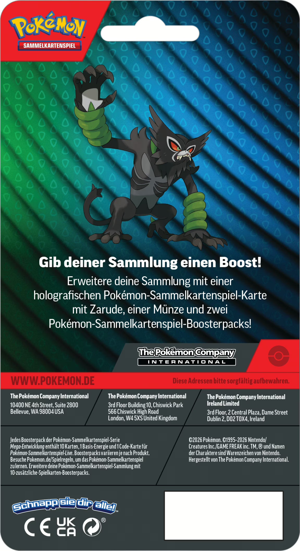 Pokémon 2-Pack Blister August 2026 mit holografischer Zarude Promokarte, zwei Pokémon-Sammelkartenspiel Boosterpacks und einer Pokémon-Münze in deutscher Sprache