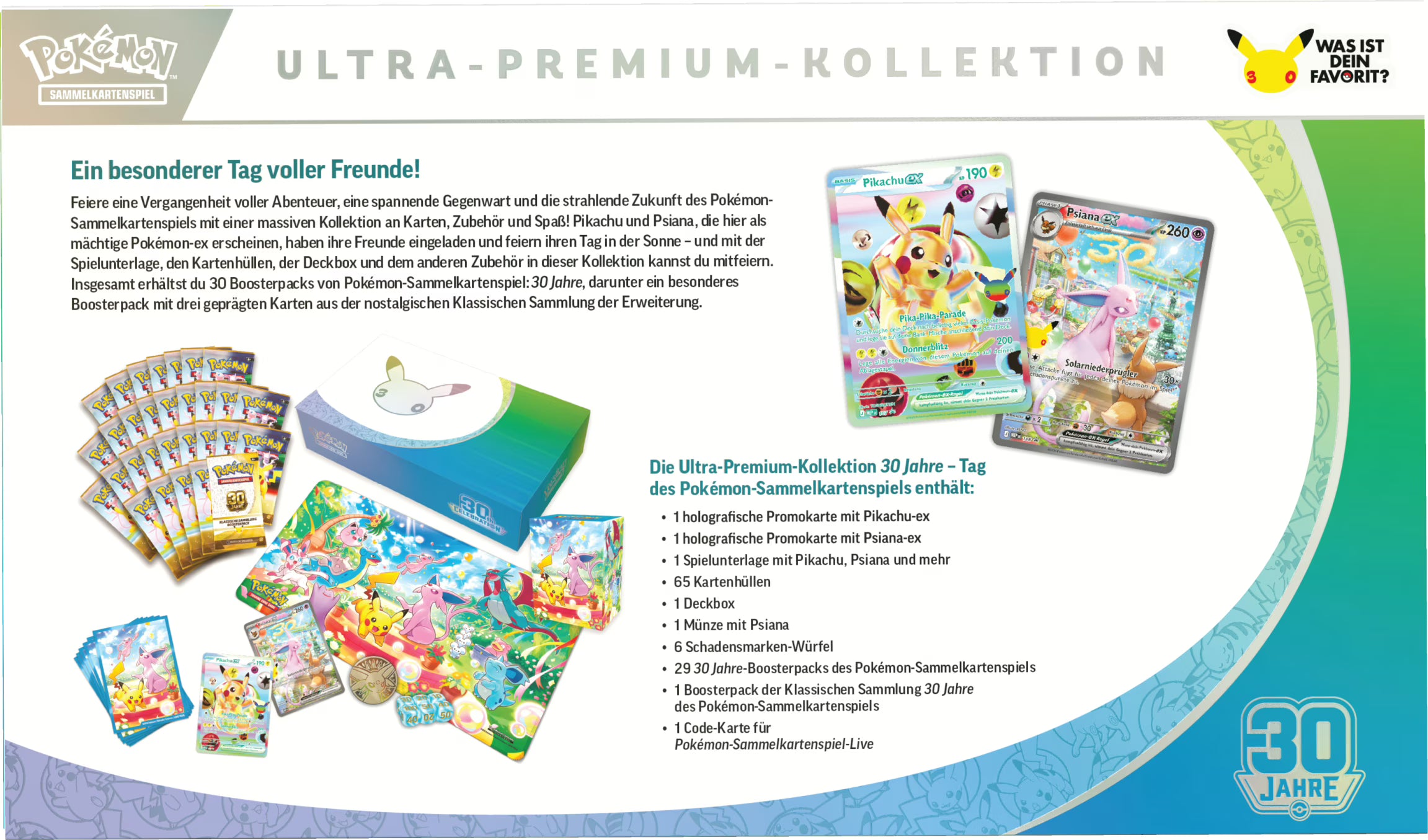 Pokémon Karmesin & Purpur 30 Jahre Ultra-Premium-Kollektion Tag in deutscher Sprache mit Pikachu-ex, Psiana-ex, 30 Boosterpacks, Spielunterlage, Kartenhüllen und exklusivem Booster der Klassischen Sammlung
